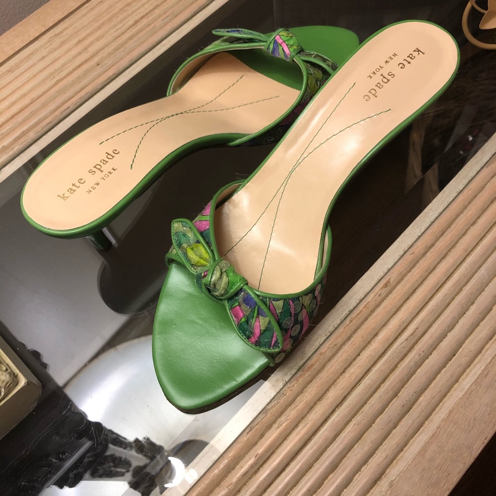 Kate Spade Green/Purple Bow Kitten Slides